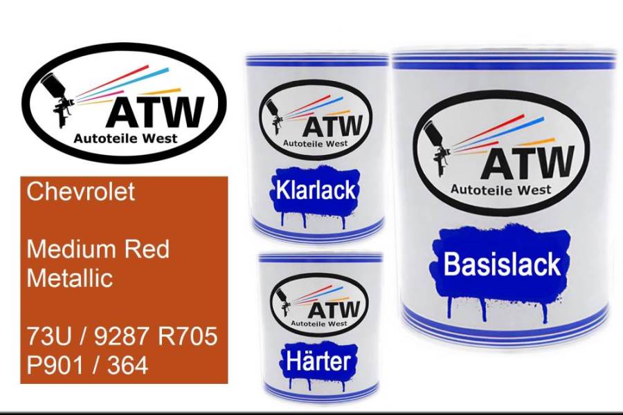 Chevrolet, Medium Red Metallic, 73U / 9287 R705 P901 / 364: 1L Lackdose + 1L Klarlack + 500ml Härter - Set, von ATW Autoteile West.